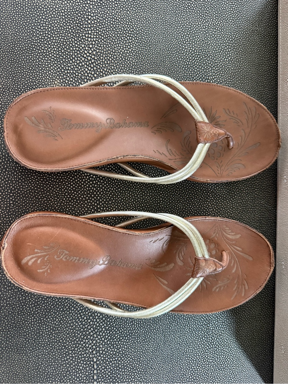 Tommy Bahama Brown Leather Sandals with Metallic Gold Straps